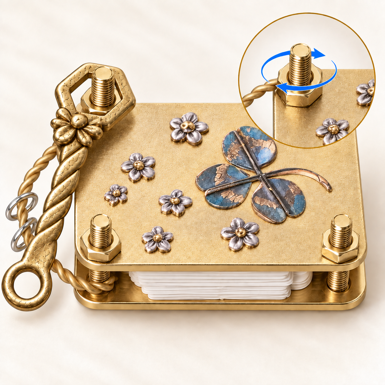 Add the nuts and tighten the flower press with the bee-shaped key